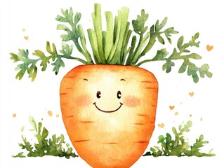 Poster - Smiling Watercolor Carrot with Green Tops  Isolated Vegetable Clipart on Plain White Background  Organic Healthy and Vibrant Food Design Element