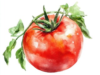 Poster - Cheerful and vibrant watercolor of a tomato with green stem and leaves isolated on a clean white background  This digital clipart artwork features a fresh healthy