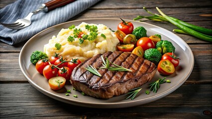 Canvas Print - Plate with delicious food including steak, vegetables, and mashed potatoes, steak, vegetables, mashed potatoes, dinner, lunch