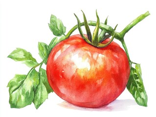 Poster - Vibrant and cheerful watercolor of a tomato with green stem and leaves isolated on a clean white background  This botanical clipart is perfect for use in recipes food packaging agriculture