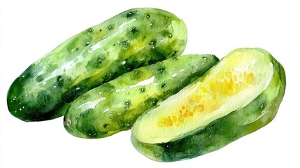 Poster - Cheerful and vibrant watercolor vegetable clipart of an isolated cucumber with seeds on a clean white background  This stylized modern and minimalist digital drawing can be used in recipes cooking
