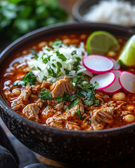 Wall Mural - comforting pozole rojo with slow-cooked pork, hominy, and fresh herbs in a spicy broth