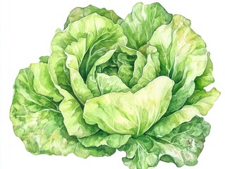 Poster - Vibrant watercolor of a happy smiling lettuce head with ruffled green leaves on a clean white background  This cheerful vegetable clipart design is perfect for healthy eating organic vegan