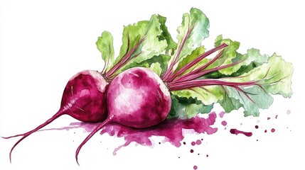 Whimsical and Vibrant Watercolor Clipart of a Happy Beet Vegetable with Lush Leafy Greens Isolated on a Clean White Background  and Stylized Botanical Design