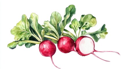 Poster - Cheerful and vibrant watercolor of a radish vegetable with lush green tops isolated on a clean white background  Ideal for use in recipes cooking healthy lifestyle or botanical designs
