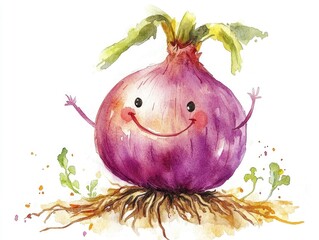Poster - Cheerful and Whimsical Watercolor of a Smiling Onion with Roots Isolated on a Clean White Background  Vibrant and Colorful Botanical Clipart for Culinary Nutrition and Kitchen Themed Designs
