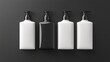 © tinnakorn - Stylish arrangement of black and white pump bottles on a dark background, perfect for beauty or cosmetic product displays.
