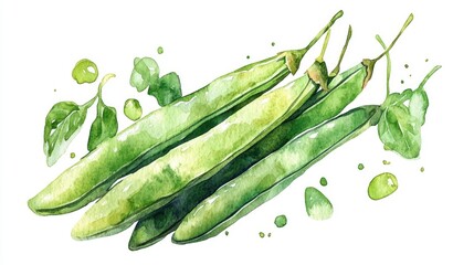 Poster - Charming and Vibrant Watercolor of Smiling Green Beans with Pods Isolated on a Clean White Background