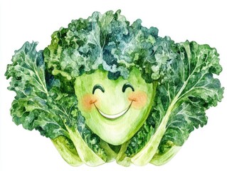 Poster - Cheerful Watercolor Kale with Curly Leaves for Healthy Vegetable Designs Recipes and Organic Lifestyle Graphics