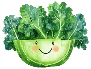 Poster - Cheerful and vibrant watercolor of a smiling kale vegetable with curly green leaves isolated on a clean white background  This stylized botanical clipart has a minimalist and contemporary design