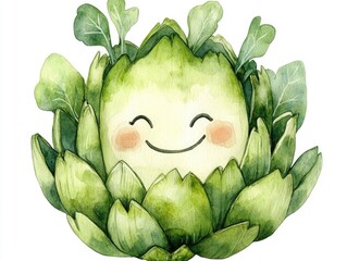 Poster - Cheerful and vibrant watercolor of a smiling artichoke vegetable with layers of green leaves isolated on a clean white background  This whimsical clipart is perfect for health food cooking