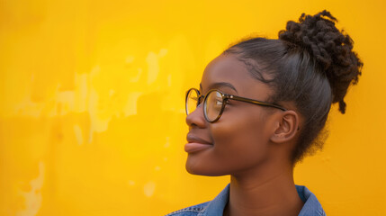 Thoughtful young woman with glasses smiling and looking sideways against a vibrant yellow background. Concepts of positivity, confidence, and modern style.