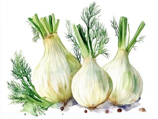 Poster - Vibrant watercolor of a cheerful fennel bulb with its lush green fronds isolated on a clean white background