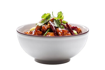 Chinese kung pao chicken with peanuts isolated on white background