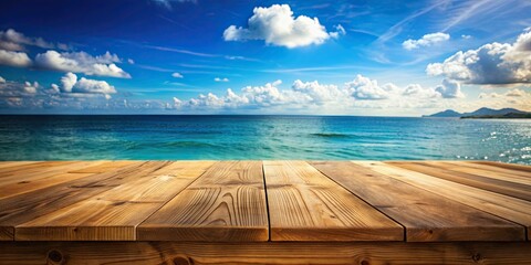 Poster - Wooden table overlooking scenic ocean view, wood, table, ocean, view, beach, scenery, relaxation, vacation, horizon, waves