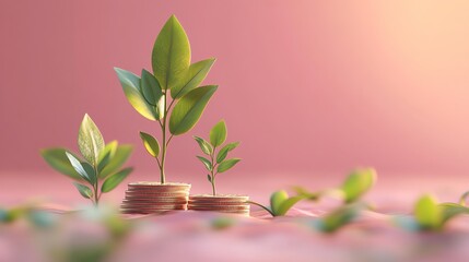 Financial growth and investment concept with coins and green plants.