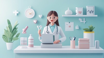 Aufkleber - Cute cartoon doctor working on laptop in her office.