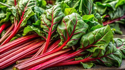 Sticker - Pile of fresh greens with vibrant red stems, greens, vegetables, healthy, organic, produce, salad, vibrant, fresh, pile