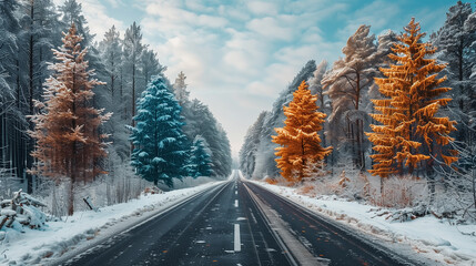 Road covered with snow, winter mood and cold weather, empty road without cars