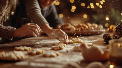 Hands preparing homemade Christmas cookies in a cozy kitchen, festive holiday baking with flour and dough