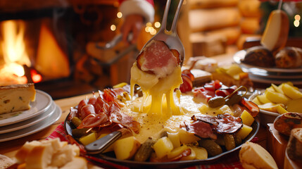 a raclette dinner, with melted cheese being scraped over potatoes, cured meats, and pickles, set in a cozy chalet-style dining room with a fireplace in the background