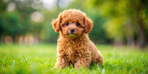red toy poodle puppy sitting on green grass, fluffy and cute dog looking at the camera, puppy, red, 