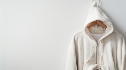 A cozy, fluffy white hoodie hangs on a hook against a minimalistic wall, representing simplicity, comfort, and minimalistic fashion.