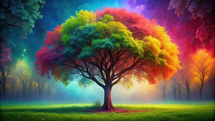 Poster - Colorful tree with rainbow leaves in a vibrant forest setting, colorful, tree, rainbow, leaves, vibrant, forest