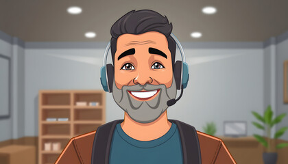 Hispanic man with beard wearing headset smiling indoors isolated with white highlights, png