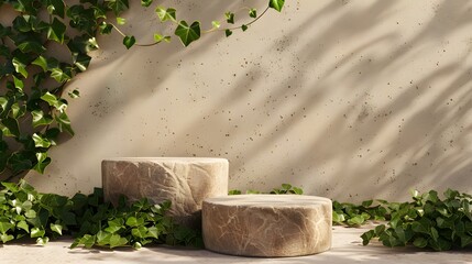 Wall Mural - Stone podium with ivy on a beige background, a mockup for product presentation