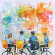 © Tee - Creative brainstorming session in a colorful office. Team collaboration and idea generation with vibrant watercolor background.