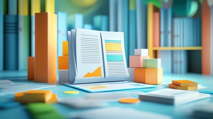 Poster - Open Document with Graph on Desk with Colorful Blocks.