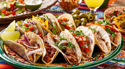 taco platter with soft and hard shell tacos, filled with various ingredients like grilled chicken, beef, and fresh veggies, set on a vibrant Mexican-themed tablecloth with margaritas on the side