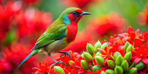 Poster - Red and green bird surrounded by vibrant red flowers, Bird, Nature, Flower, Wildlife, Colorful, Vibrant, Green, Red, Feathers