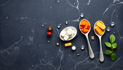 Spoons with healthy supplements on a dark stone background isolated with white highlights, png