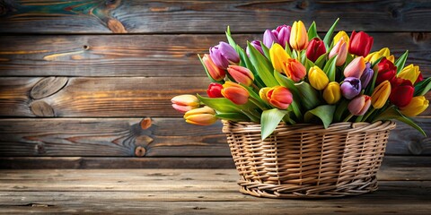 Sticker - Bouquet of colorful tulips arranged in a rustic basket , spring, flowers, floral arrangement, nature, garden, fresh