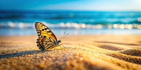 Poster - Butterfly resting on the sandy beach , nature, insect, wings, beautiful, colorful, vibrant, shore, relaxation, tranquil