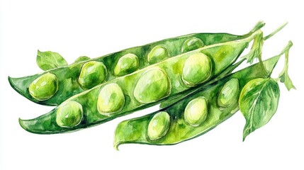 Poster - Cheerful watercolor of fresh vibrant snow peas in a pod isolated on a clean white background  This whimsical botanical artwork showcases the delicate beauty of this healthy
