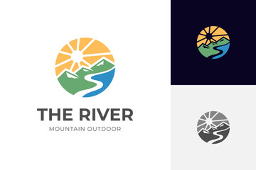 Mountain landscape with peak river creek vector logo template. mountain lake with sunrise view logo illustration