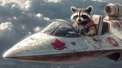 intergalactic adventure: raccoon piloting a spaceship or plane, journeying through the cosmos