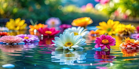 Wall Mural - Colorful flowers floating in the water, creating a beautiful and serene scene , nature, tranquil, vibrant, blooming