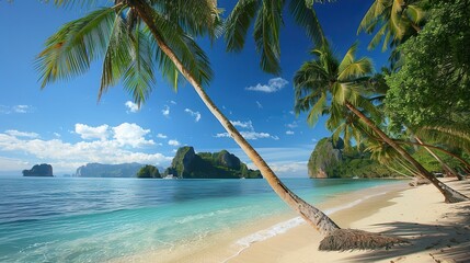 Wall Mural - Philippine Coastal Scenery: El Nido, Palawan Island - Tropical Paradise Beach with Palm Trees and Crystal Clear Ocean Water