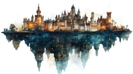 Poster - Magnificent Fantasy Castle in Ethereal Watercolor Style A Futuristic Floating Palace Surrounded by Clouds in a Dreamlike Serene Landscape