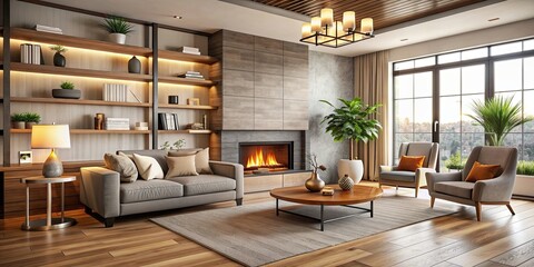 Poster - Modern cozy living room with seating area and fireplace. Warm interior design with render, modern, cozy