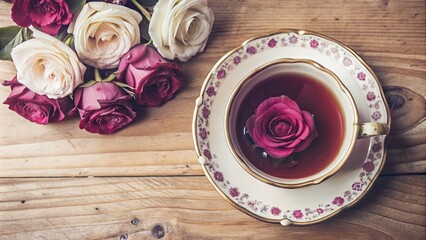 Canvas Print - Cup of tea with delicate roses on a wooden table, tea, cup, drink, floral, roses, flowers, petals, beautiful, refreshing