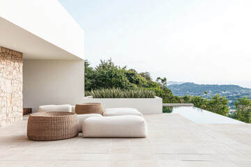 Luxury villa terrace with minimalist contemporary decoration ,neutral tones and minimal furniture. Premium residential Real Estate composition.