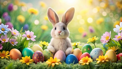 Wall Mural - Whimsical Easter bunny surrounded by colorful eggs and flowers , Easter, bunny, bliss, spring, festive, celebration, cute