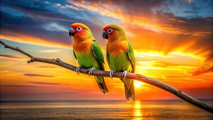 Wall Mural - Two lovebirds sitting on a branch with a vibrant sunset in the background, lovebirds, branch, sunset, romantic, nature