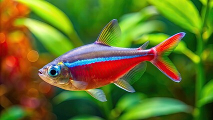 Wall Mural - Vibrant Cardinal Tetra swimming in aquarium, aquatic, fish, colorful, freshwater, pet, exotic, shoal, nature, beauty