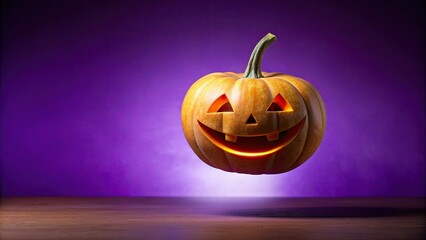 Poster - Halloween pumpkin ghost with a spooky grin floating against a purple background, Halloween, pumpkin, ghost,spooky